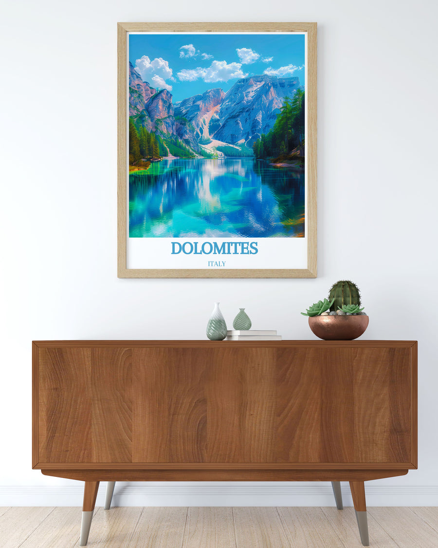 Gallery wall art illustrating the serene landscapes of Lago di Braies, with its picturesque surroundings and tranquil waters, perfect for enhancing any room with the charm of the Dolomites.