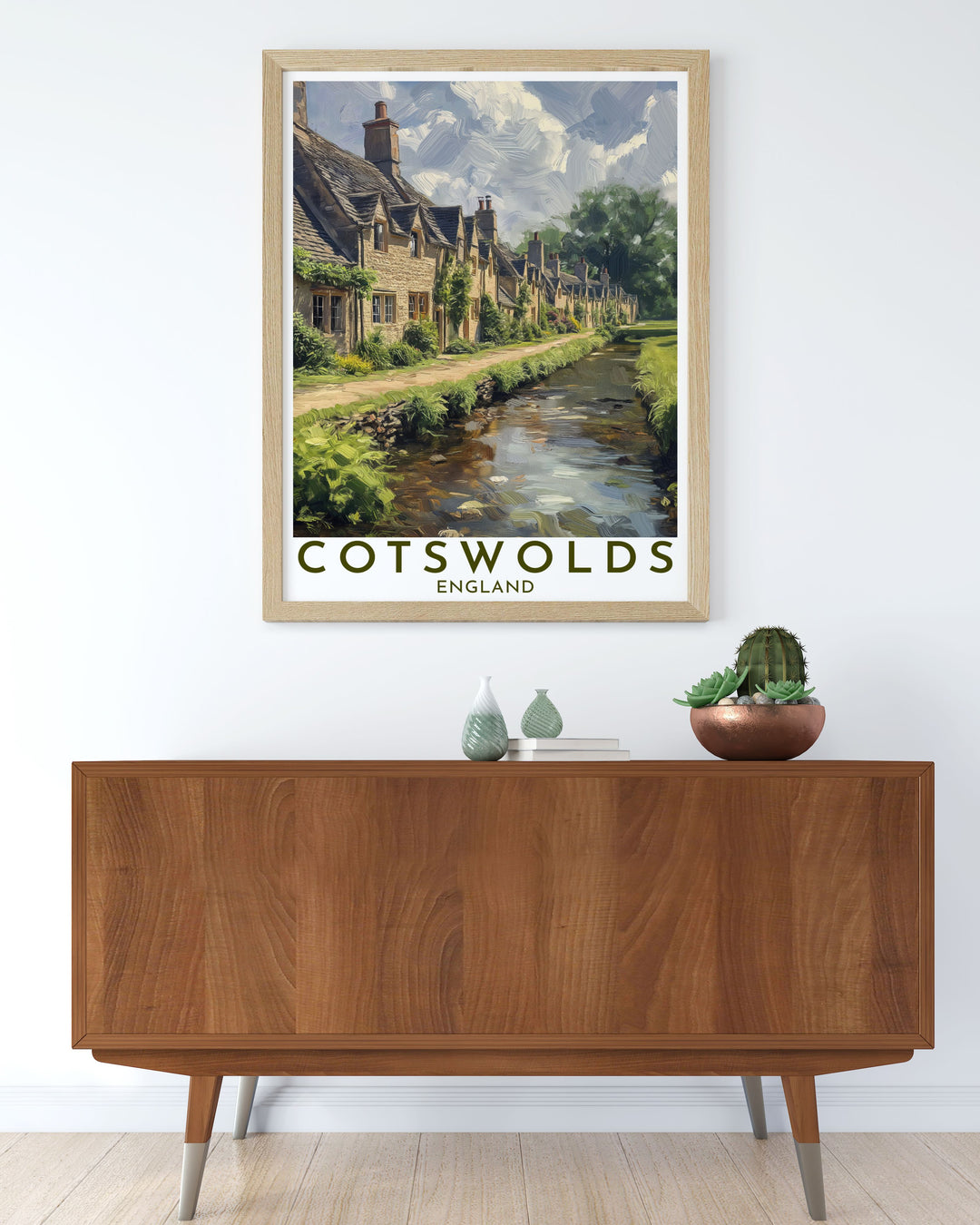 Featuring lush vistas of the Cotswolds and the iconic Arlington Row, this poster is perfect for those who wish to bring a piece of Englands natural beauty and architectural grandeur into their home.