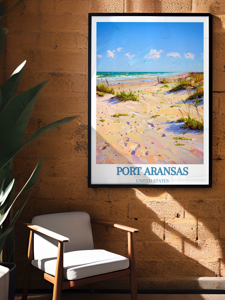 A beautifully detailed print of Mustang Island State Park, showcasing the parks pristine beaches and vast skies. This artwork brings the tranquility of the Texas coast into your living space.