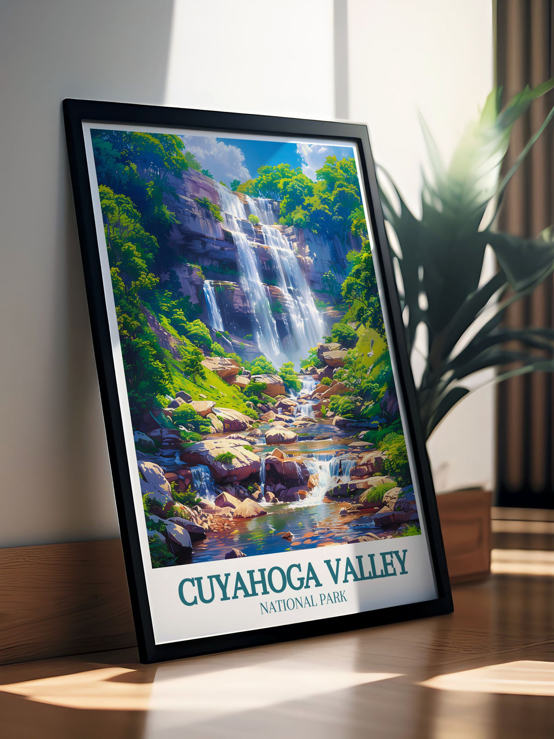Detailed art print of Blue Hen Falls in Cuyahoga Valley National Park, highlighting the cascading waterfall and vibrant greenery, perfect for enhancing your home decor.