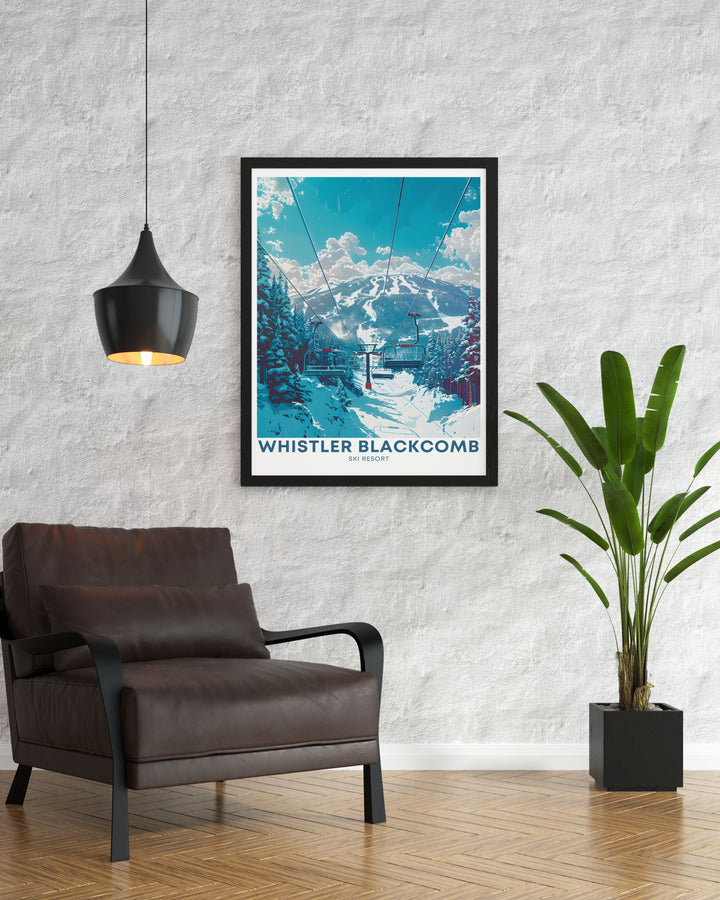 Whistler peak chair lifts poster capturing the essence of Whistler Canada. This vintage ski poster is perfect for anyone who appreciates the beauty of British Columbia BC and wants to add a touch of winter magic to their home.