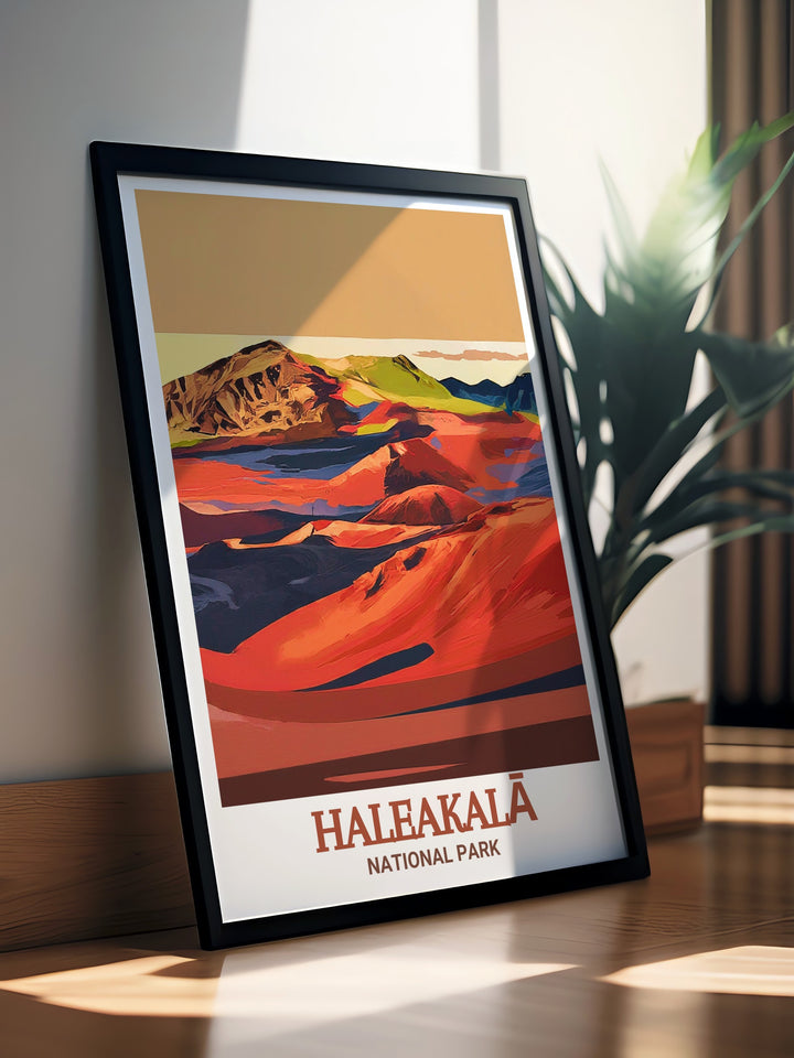 Haleakalā Crater wall art depicting the dramatic terrain and lush greenery of Haleakalā National Park. This elegant print adds a touch of natural beauty and inspiration to any decor, celebrating the stunning views of this unique Hawaiian landmark.