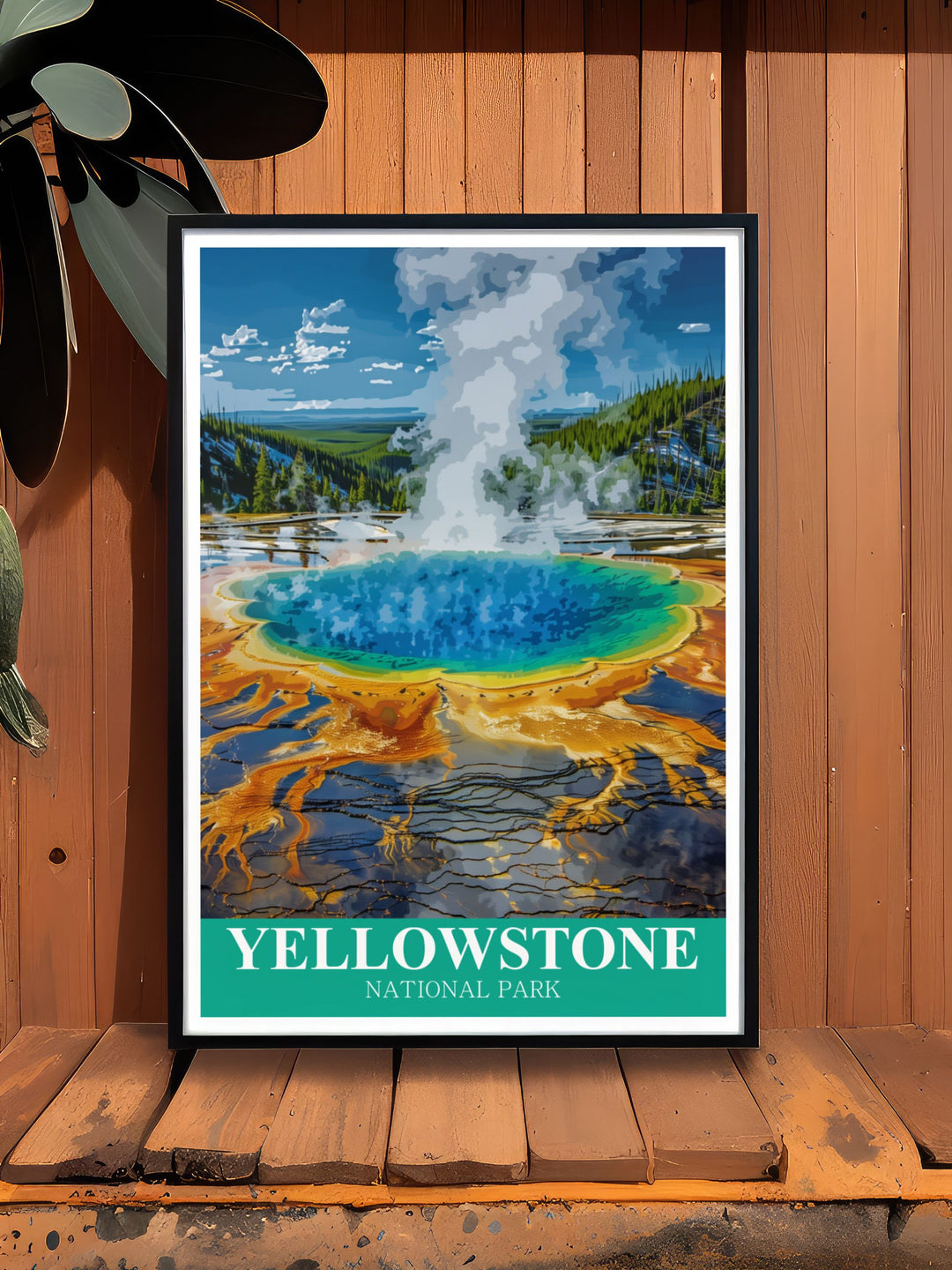 A stunning wall print that features the Grand Prismatic Spring in Yellowstone National Park. This artwork captures the breathtaking colors and serene atmosphere of the park, perfect for travel enthusiasts and nature lovers alike.