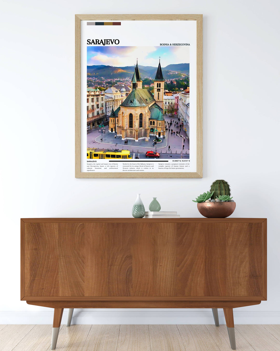 Elegant Sarajevo travel poster highlighting the architectural marvels and scenic beauty of the city. This Sarajevo art print makes a thoughtful gift for Fathers Day or Mothers Day, adding a touch of sophistication and culture to any room in your home.