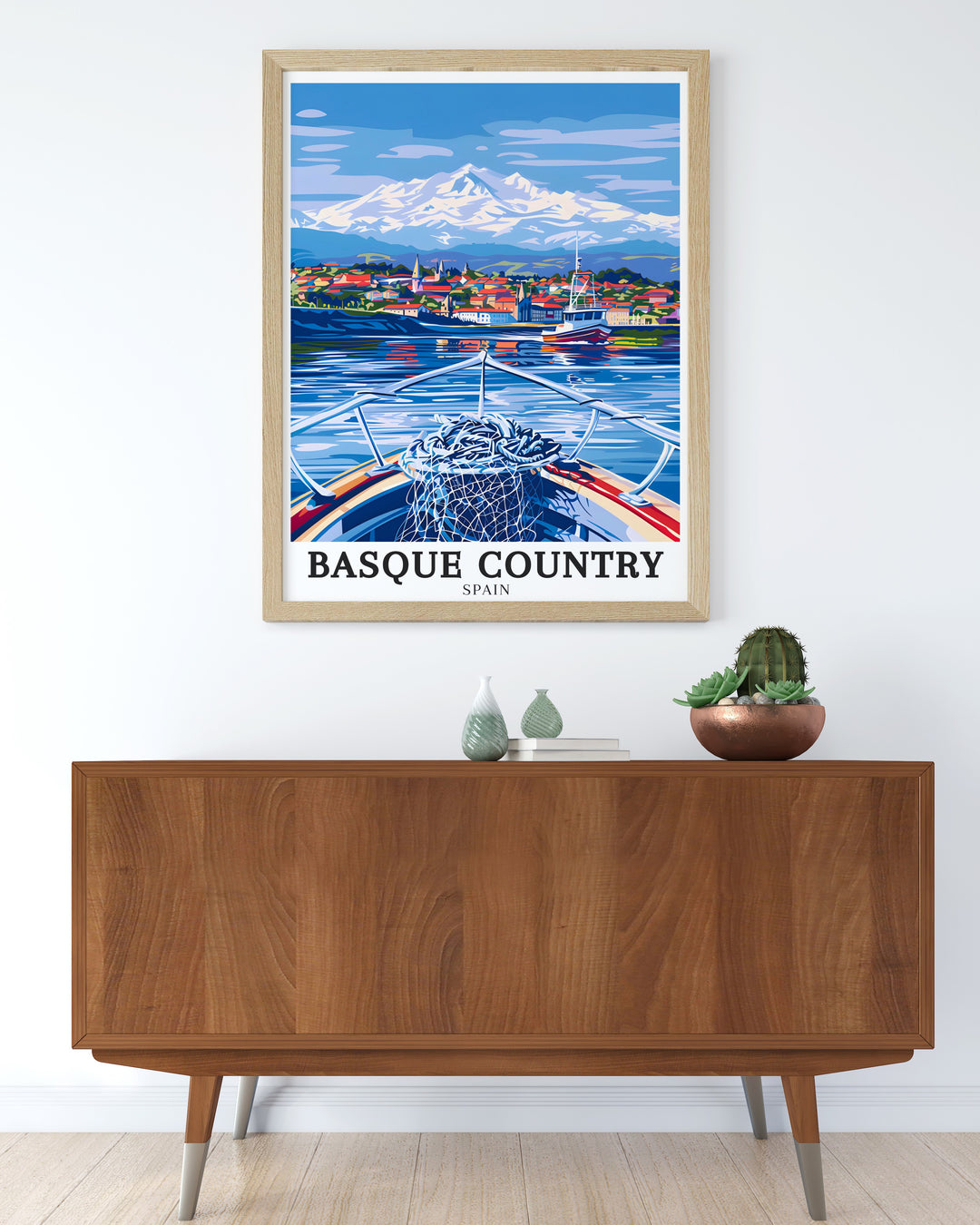 The Pyrenees mountains and Hondarribia village come together in this detailed Basque Country Travel Print. This piece brings a sense of adventure and beauty to your home decor, perfect for anyone with a passion for Spains scenic landscapes.