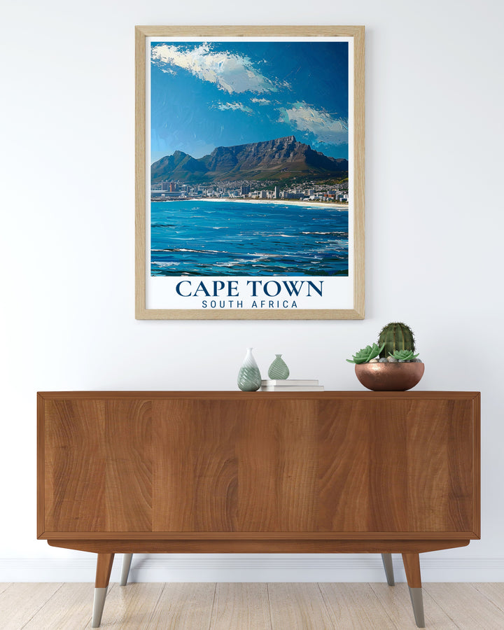 National park art featuring the stunning Table Mountain in Cape Town. This retro travel print adds a touch of South African charm to your home decor and is perfect for anyone who enjoys bold colors and modern design.