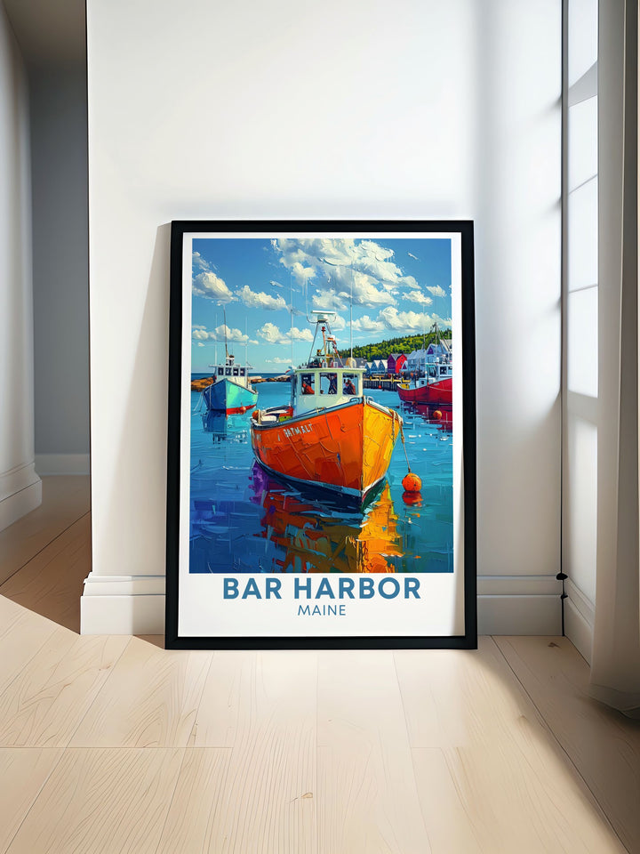 Bar Harbor, located on Mount Desert Island, is highlighted in this poster. Its stunning coastal views and charming streets are captured beautifully.