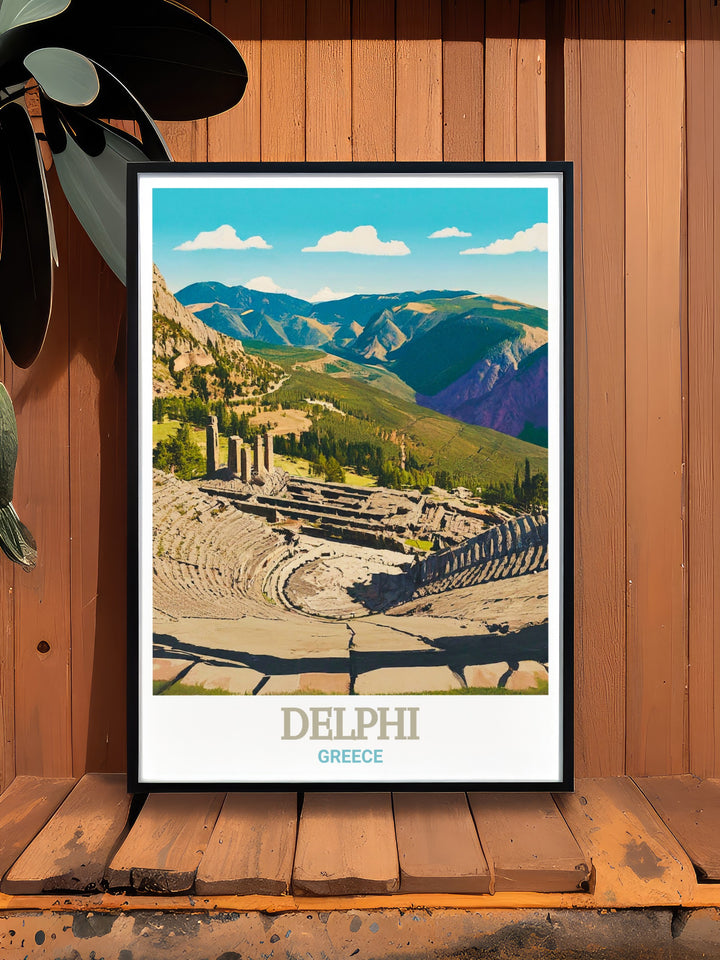 Theatre of Delphi wall art showcasing the architectural elegance and cultural importance of one of Greeces most iconic landmarks. This Delphi travel print is a must have for anyone who loves history, theatre, or the arts, adding a touch of ancient Greek charm to your space.