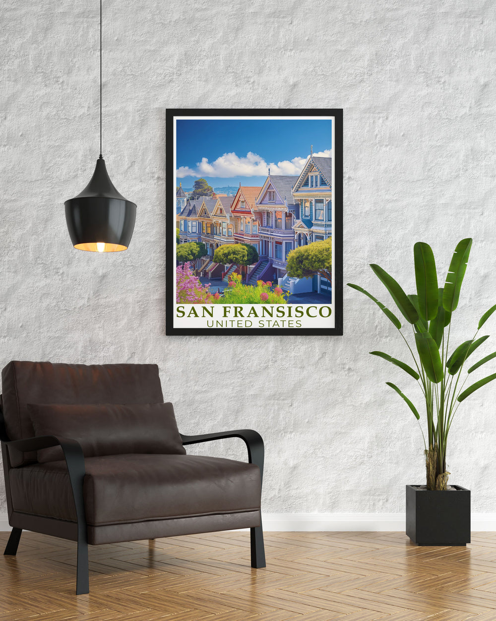 San Francisco print of the Golden Gate Bridge and The Painted Ladies captures the vibrant beauty of Northern California ideal for stunning living room decor