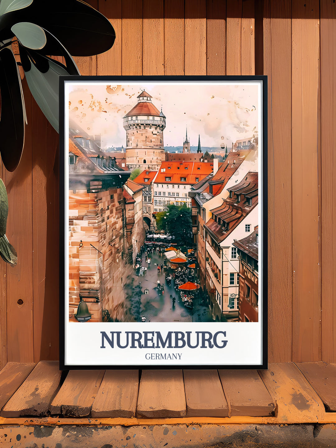 Nuremberg vintage poster featuring the architectural beauty of Nuremberg Castle and the lively Hauptmarkt. This travel print offers a nostalgic yet contemporary view of the citys iconic landmarks, making it a great choice for home decor or as a unique travel gift.