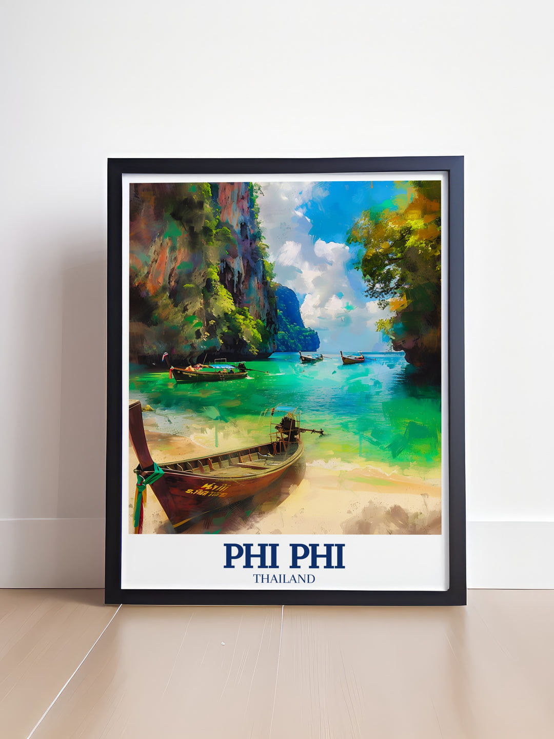 Bring the beauty of Thailands Phi Phi Islands into your space with this captivating travel print. Featuring the world renowned Maya Bay and the cliffs of Phi Phi Ley, this poster is perfect for beach lovers and adventurers.