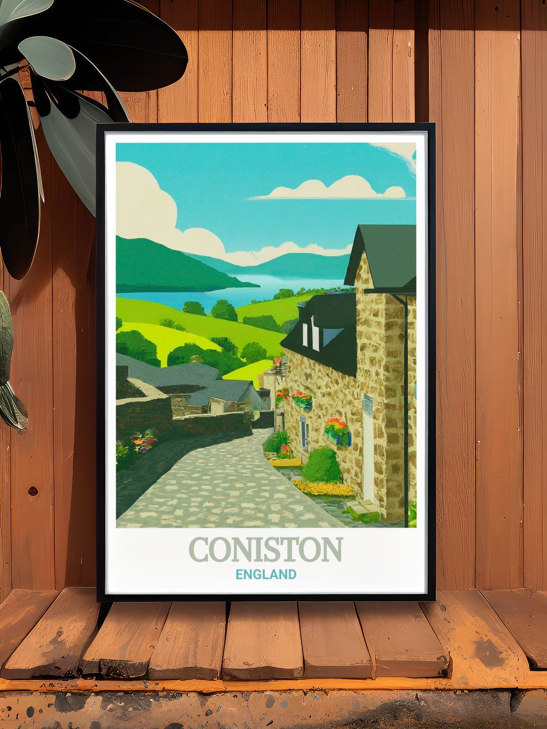 Travel poster of Coniston Village, beautifully illustrating the natural landscape of the Lake District with Coniston Water, ideal for those who want to bring the serenity of Englands countryside into their living space.