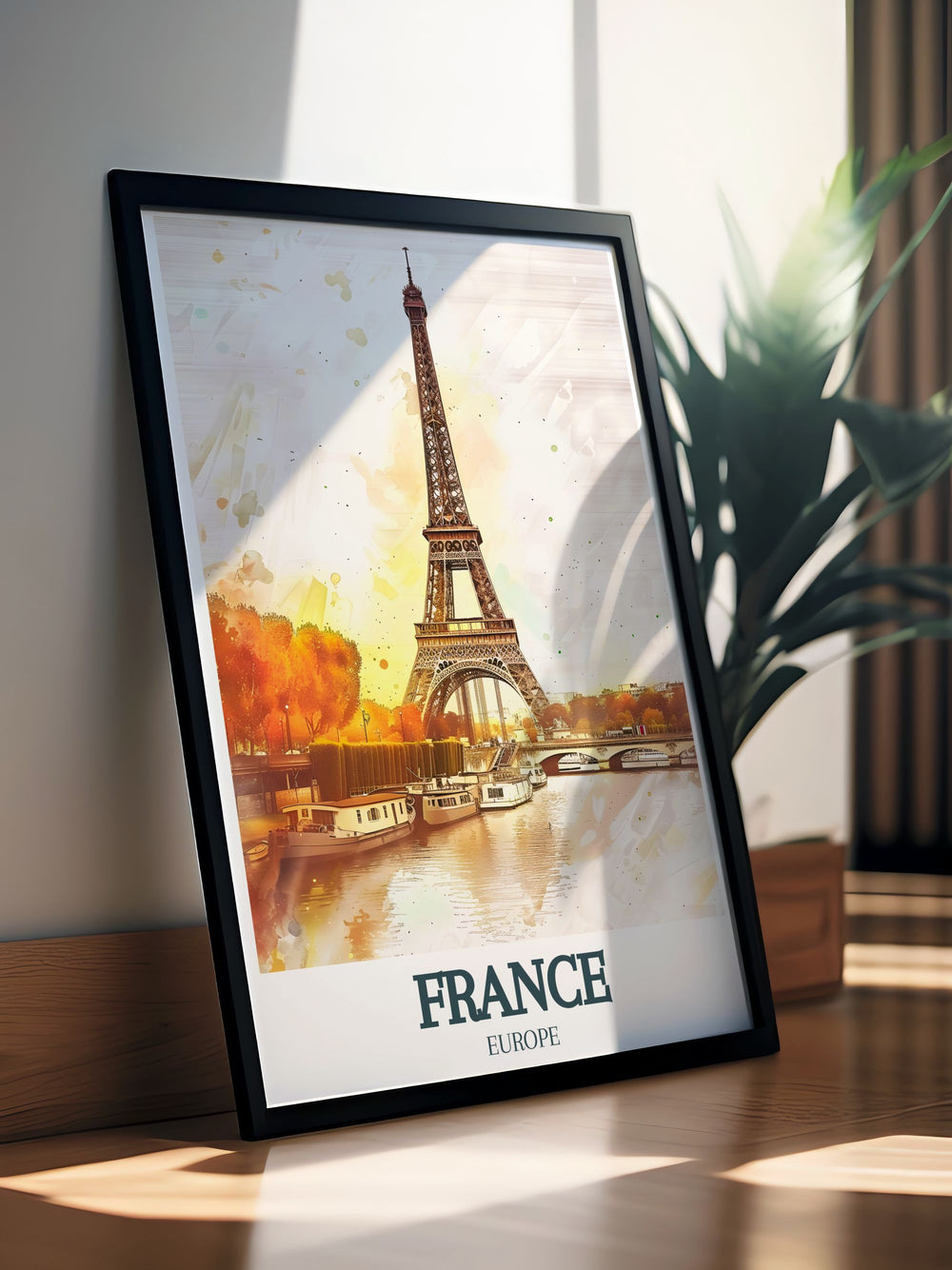 Stunning Eiffel Tower Seine River framed print capturing Parisian beauty with contemporary style ideal for enhancing living room or home spaces