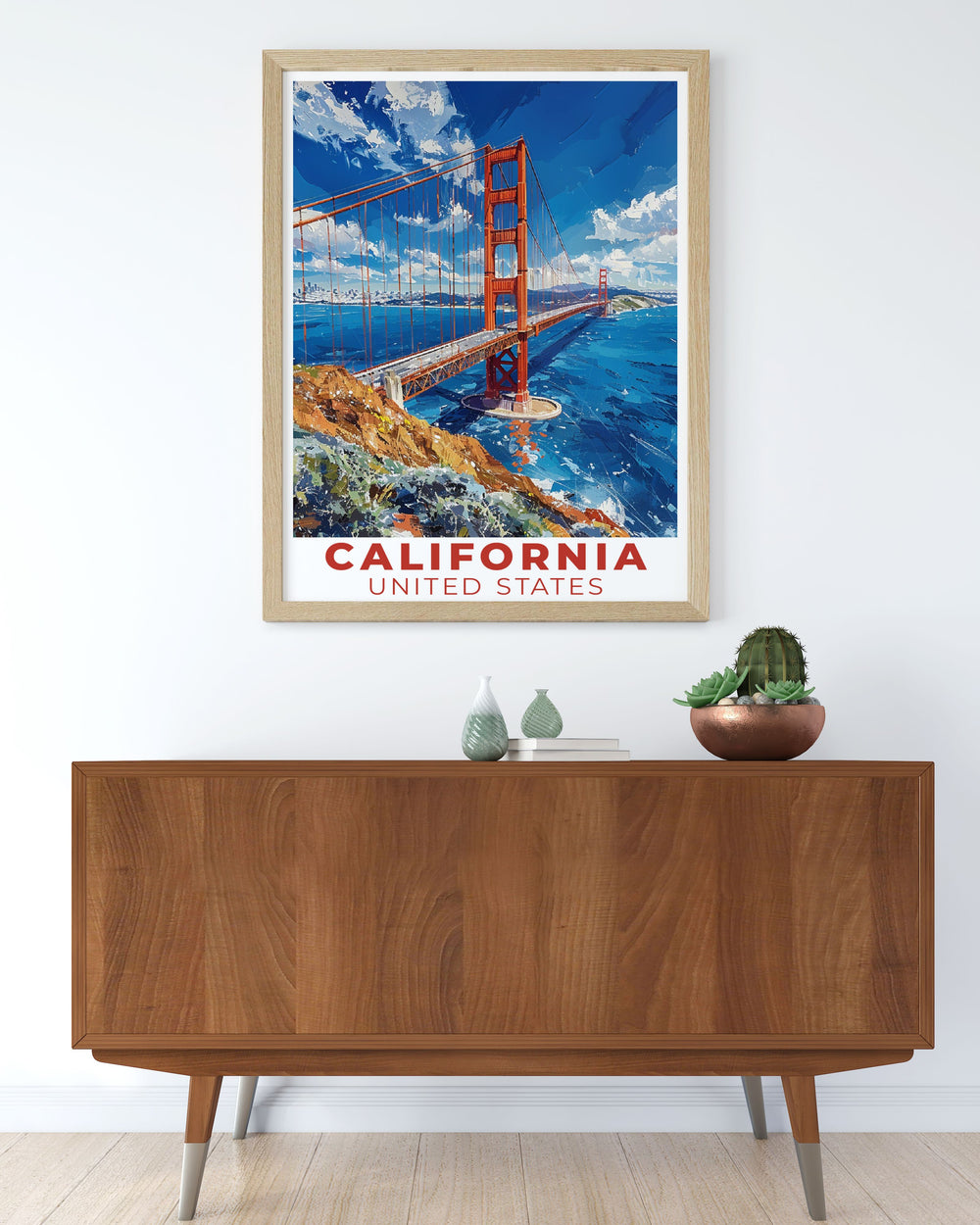 Vintage Golden Gate Bridge artwork capturing the beauty of the iconic California landmark in vibrant colors perfect for enhancing any rooms decor and inspiring a sense of adventure ideal for gifts and travel themed home decoration