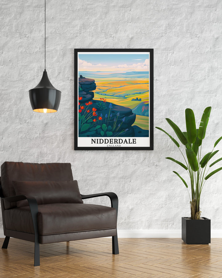 Travel poster art featuring Nidderdale Way, with its winding paths and panoramic views of the Yorkshire Dales. This canvas art captures the essence of the British countryside and makes a perfect gift for nature enthusiasts.