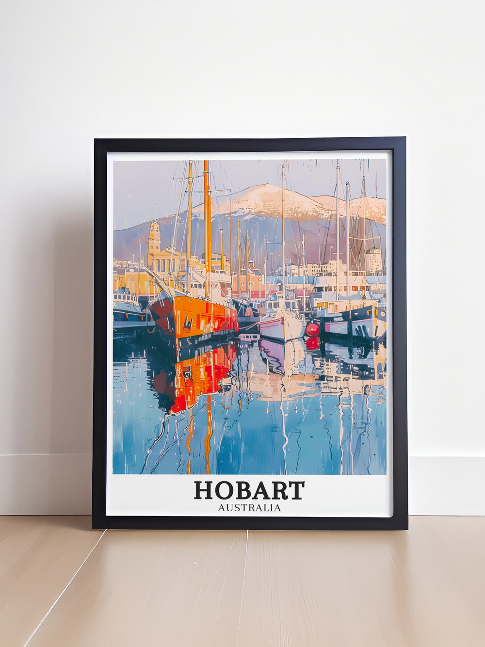 High quality Australia travel print showcasing the harmony between Mount Wellingtons natural beauty and Hobart Ports vibrant energy. This artwork offers a perfect representation of Hobarts diverse attractions, making it a timeless piece for any wall