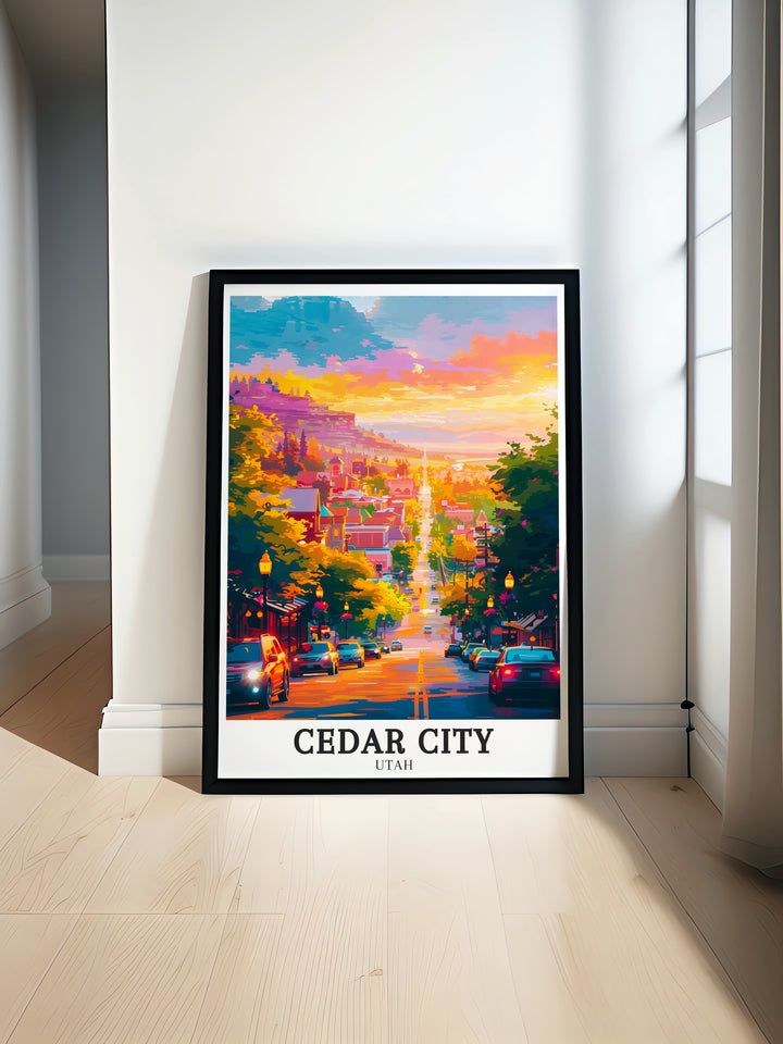 Center Street Cedar City Historic District art print featuring vibrant colors and detailed architecture perfect for adding a touch of Utah heritage to your home decor suitable for living rooms studies and gift ideas