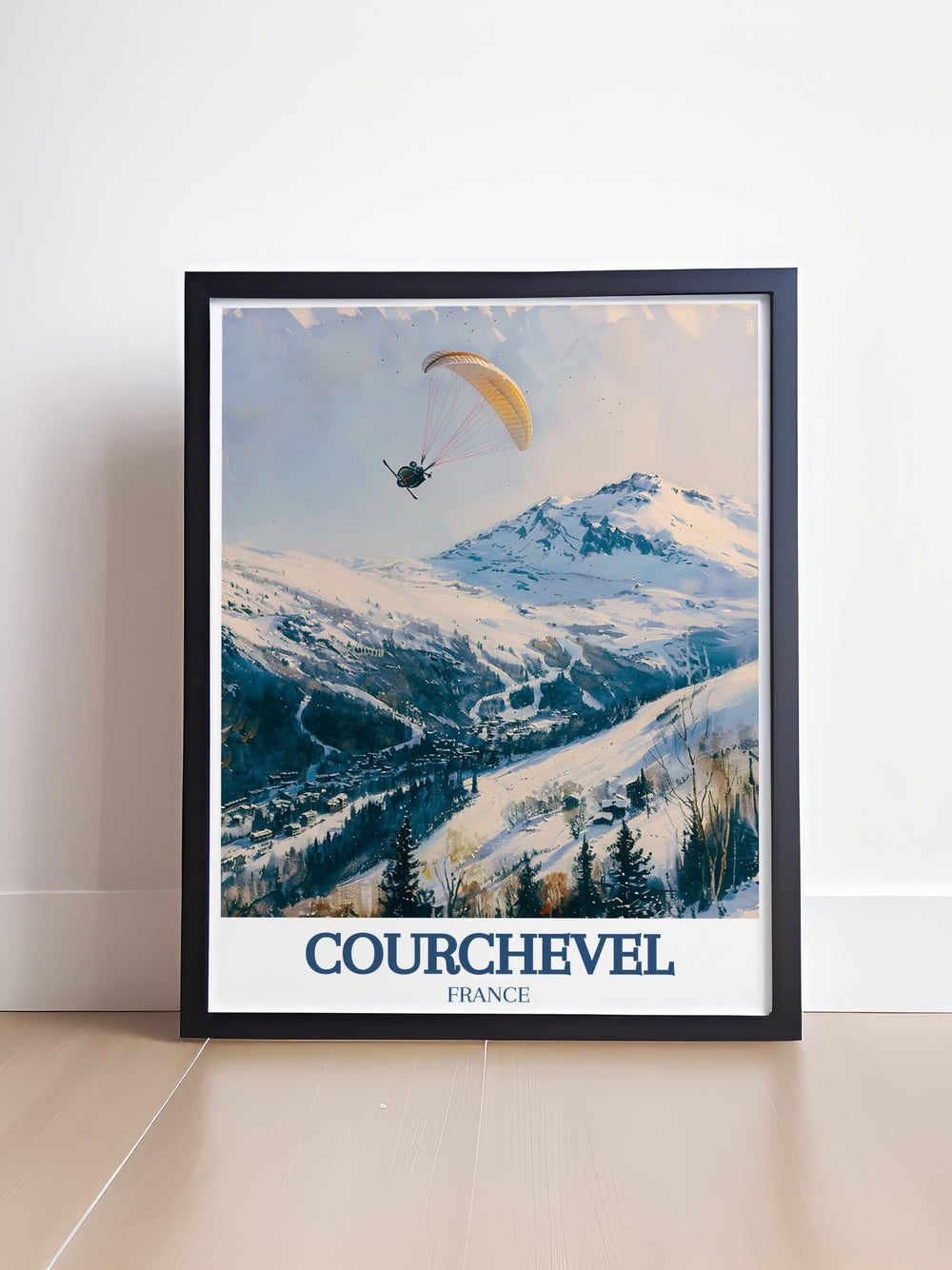 Illustrated with care, this travel poster brings to life the thrilling slopes of Courchevel and the scenic vistas of La Saulire, ideal for enhancing any room with Frances alpine charm.