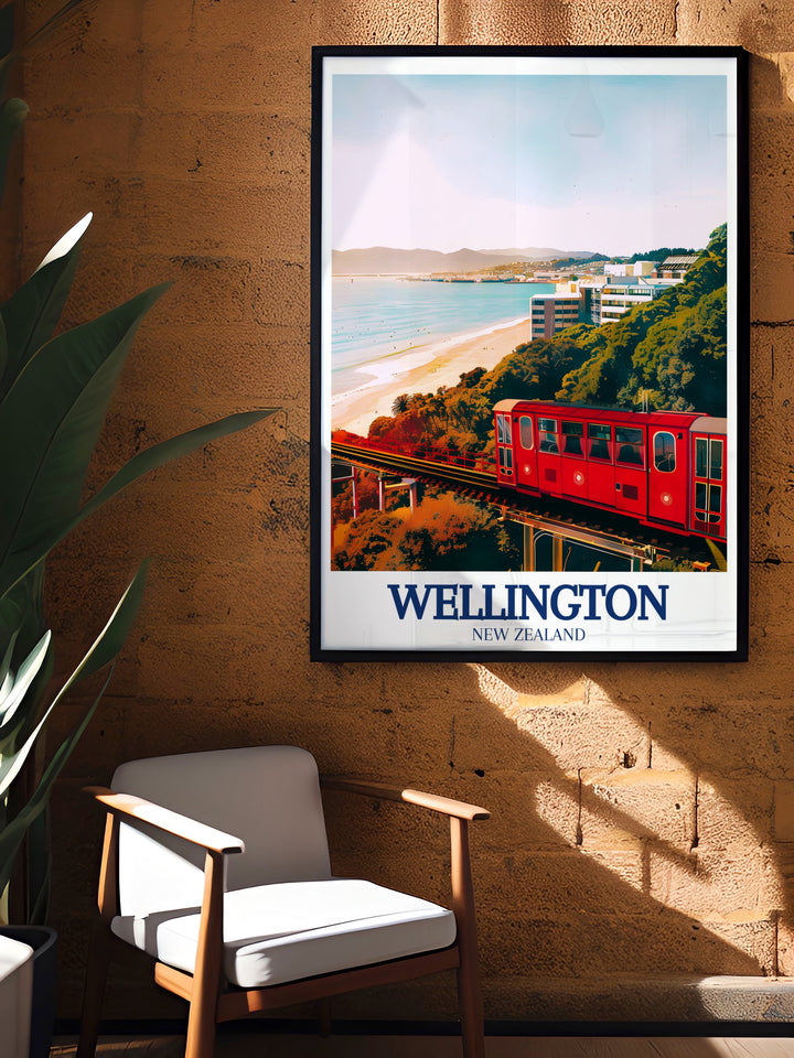 Oriental Bay vintage poster captures the beauty of Wellingtons most famous bay. With its vibrant colors and detailed design, this artwork is perfect for those who love classic New Zealand scenes, adding a nostalgic and stylish touch to their home décor.