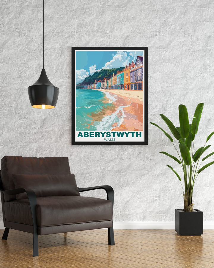 The iconic Aberystwyth waterfront is the centerpiece of this travel poster, capturing the towns unique blend of history and natural beauty. With detailed illustrations of the pier and promenade, this artwork brings a touch of Wales charm into your home décor.