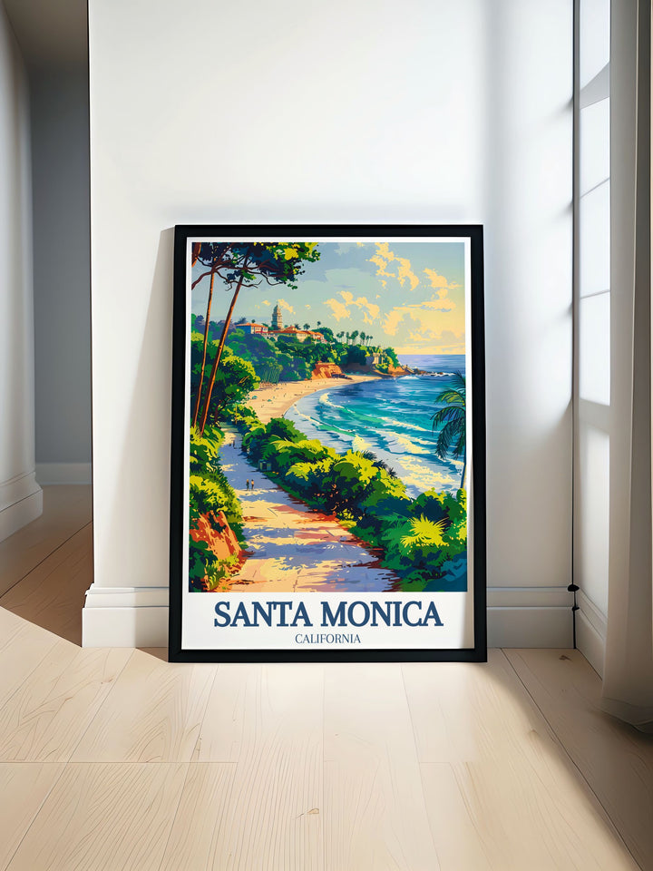 This Santa Monica wall art print brings together the iconic pier, Ocean Avenue, and Palisades Park in a beautifully illustrated design. The bright coastal palette and intricate line work make this print a perfect addition to your living space, ideal for anyone with a love for Californias beaches.