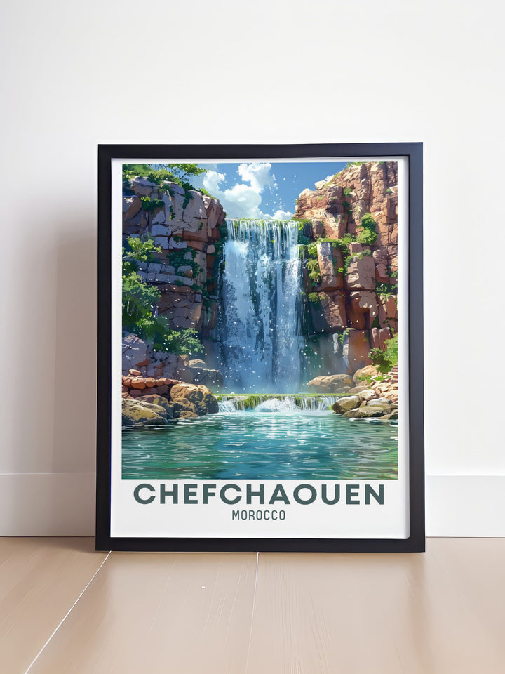 Showcasing the enchanting blue alleyways of Chefchaouen, this poster adds a unique touch of Moroccos cultural heritage to your decor. Experience the tranquil beauty of Chefchaouen with this art print, highlighting the towns iconic blue buildings and rich history.