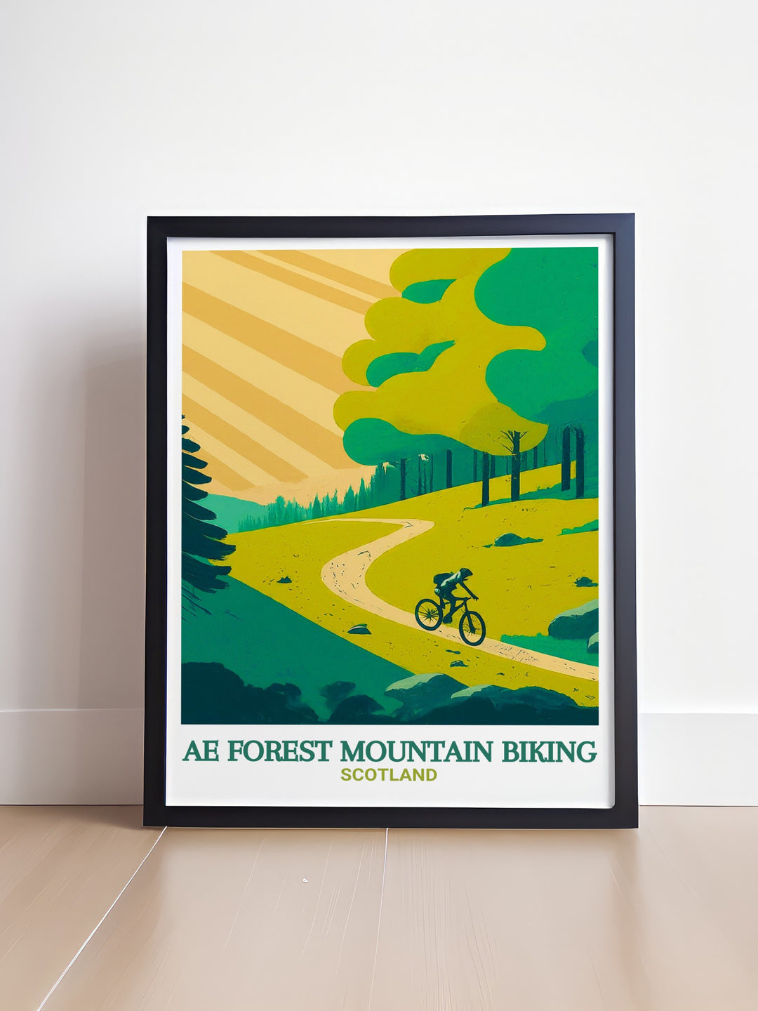 Ae Forest mountain biking art print showcasing Scotlands stunning MTB trails and the famous Talking Head Stane. This beautiful artwork is perfect for cyclists, nature lovers, and anyone seeking unique wall art that celebrates Ae Forests scenic landscape and thrilling biking adventures.