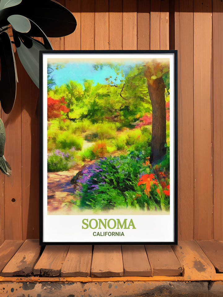 Black and white Sonoma wall art featuring a detailed street map and Quarryhill Botanical Garden artwork. This elegant print is ideal for enhancing home decor and makes a perfect gift for birthdays Christmas or anniversaries.