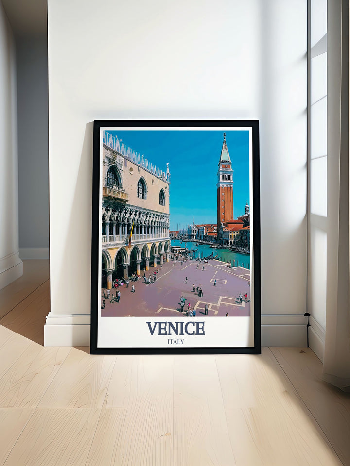 A beautiful Venice travel print capturing St. Marks Square and the Grand Canal in intricate detail. Whether its a reminder of past travels or inspiration for future trips, this artwork adds a touch of Venices charm to your space.