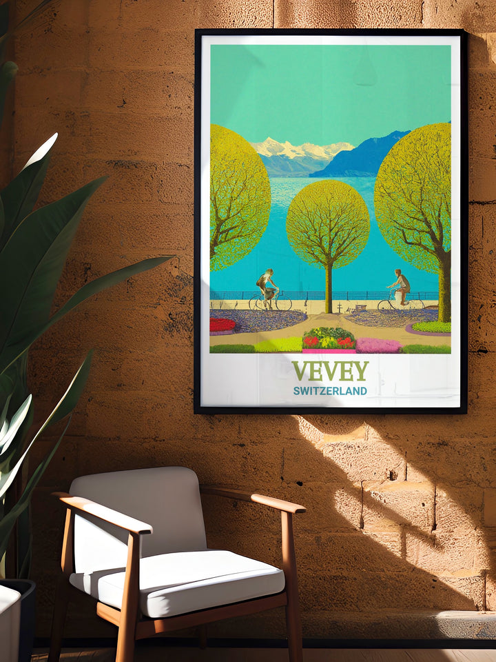 Vevey art print highlighting the beauty of the Vevey Promenade and the tranquil landscape of Lake Geneva. This Switzerland wall art is perfect for anyone who loves Swiss architecture and serene lakeside views.