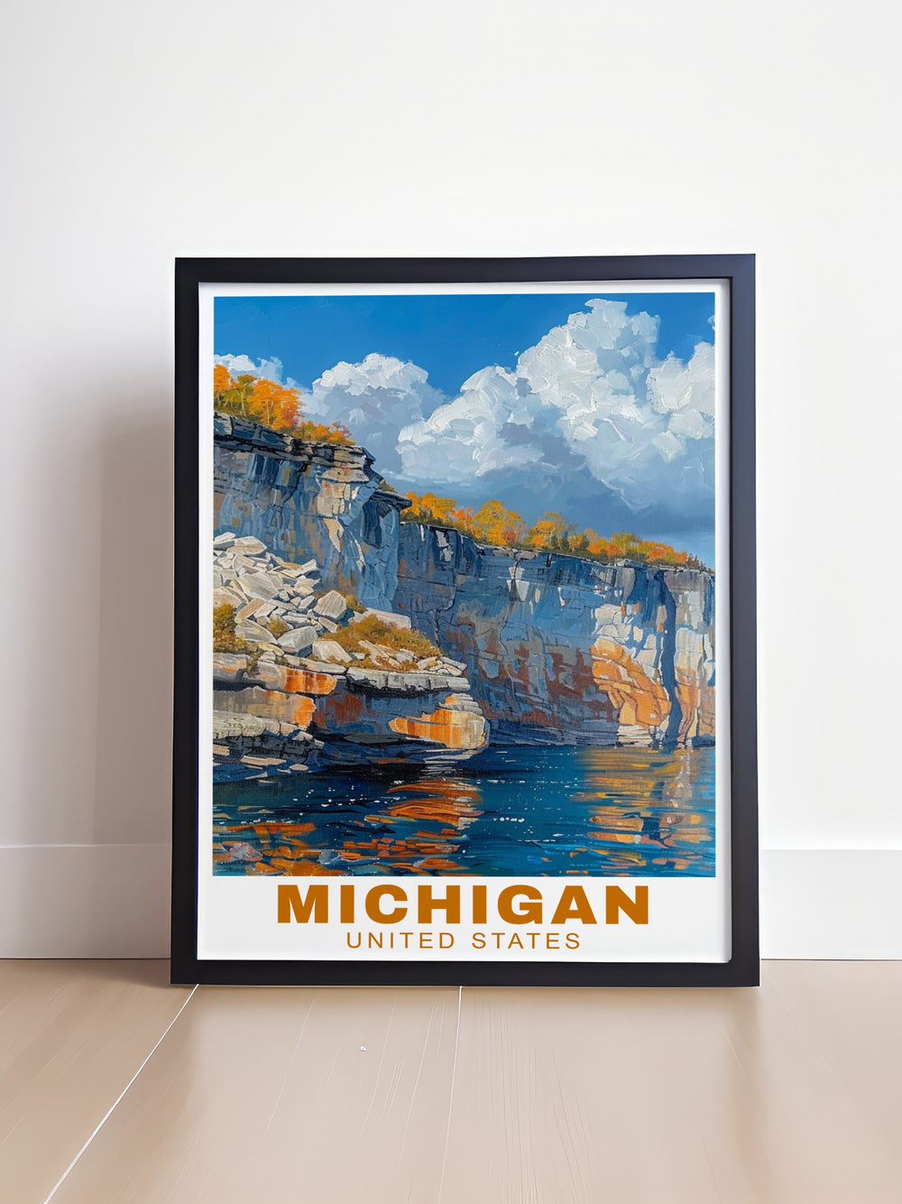 Celebrate Michigans scenic landscapes with this Pictured Rocks art print. With Leelanaus beauty as part of the design, this vintage travel poster is the perfect addition to any home or guest space, bringing Michigans natural wonders into your living environment.