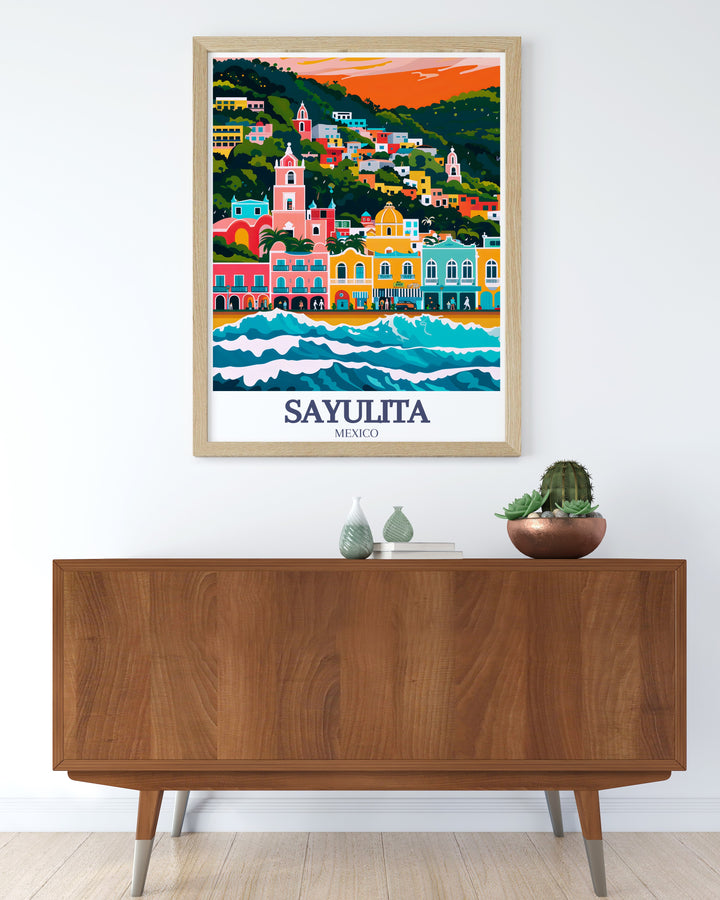 This Sayulita travel poster features the towns iconic beach and bustling Main Street. Its an ideal piece for anyone who loves the laid back, tropical lifestyle and wants to bring a piece of Mexico into their living space.