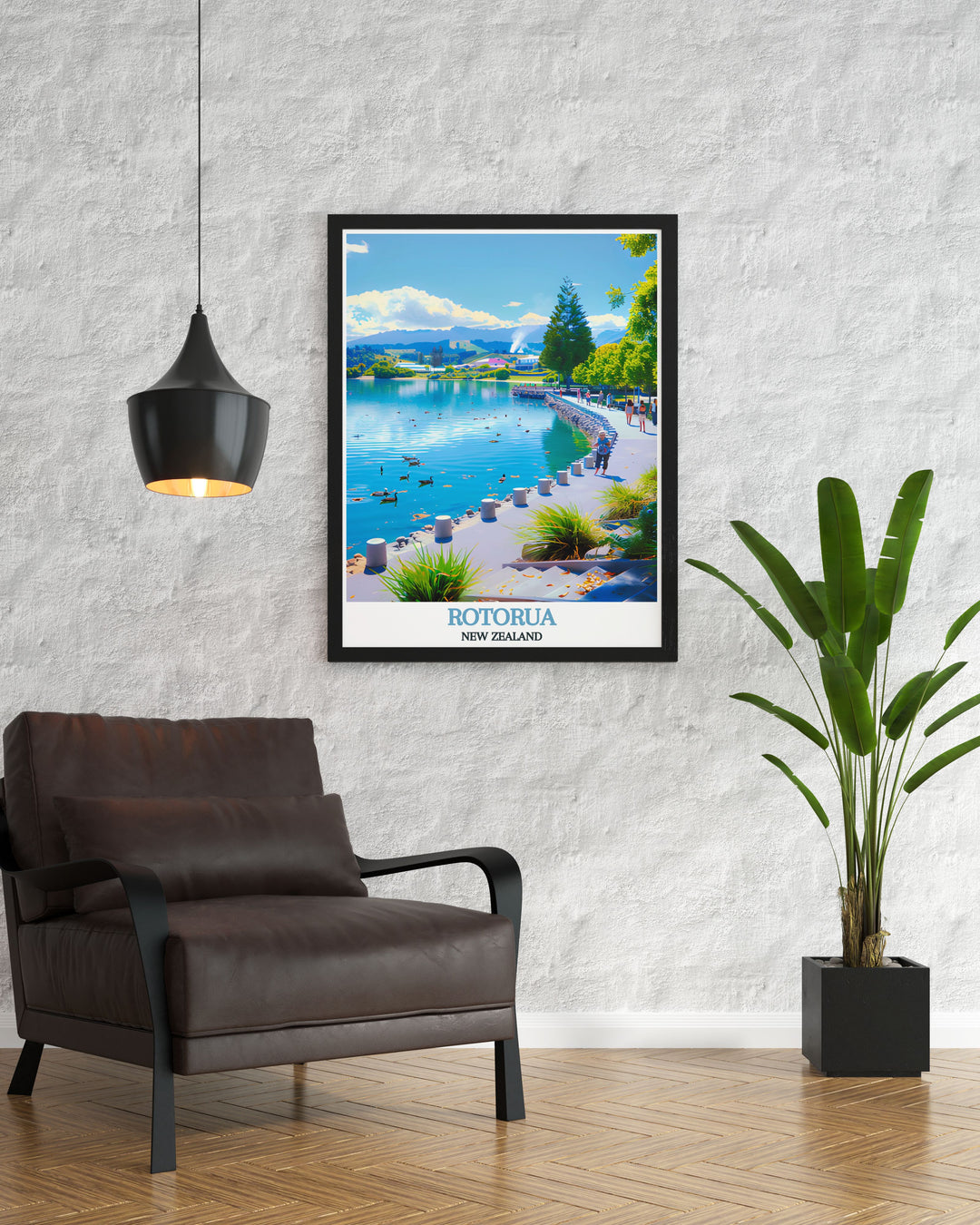Lake Rotorua poster featuring a detailed and vibrant depiction of Rotorua New Zealand. A must have for anyone who loves travel and natural landscapes. This poster will bring the beauty of Lake Rotorua into your home or office.