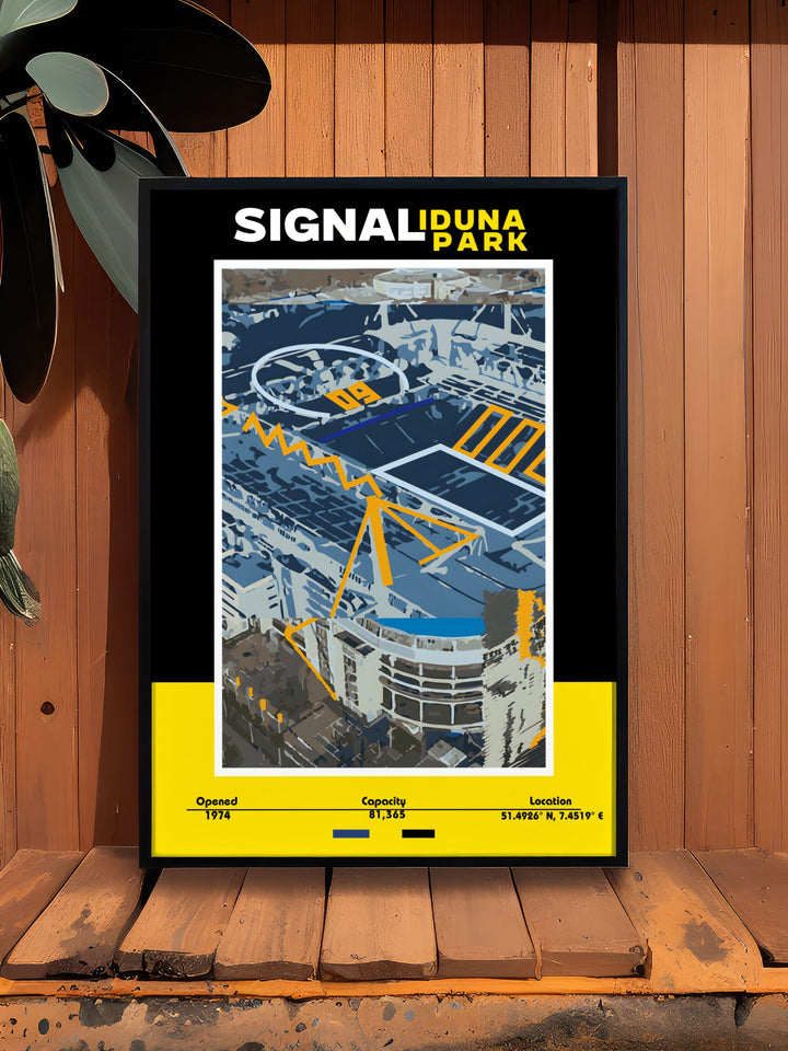 This vibrant Dortmund Art piece highlights the legendary Signal Iduna Park and the skillful play of Borussia Dortmund stars Marco Reus Julian Brandt and Donyell Malen ideal for any football enthusiast