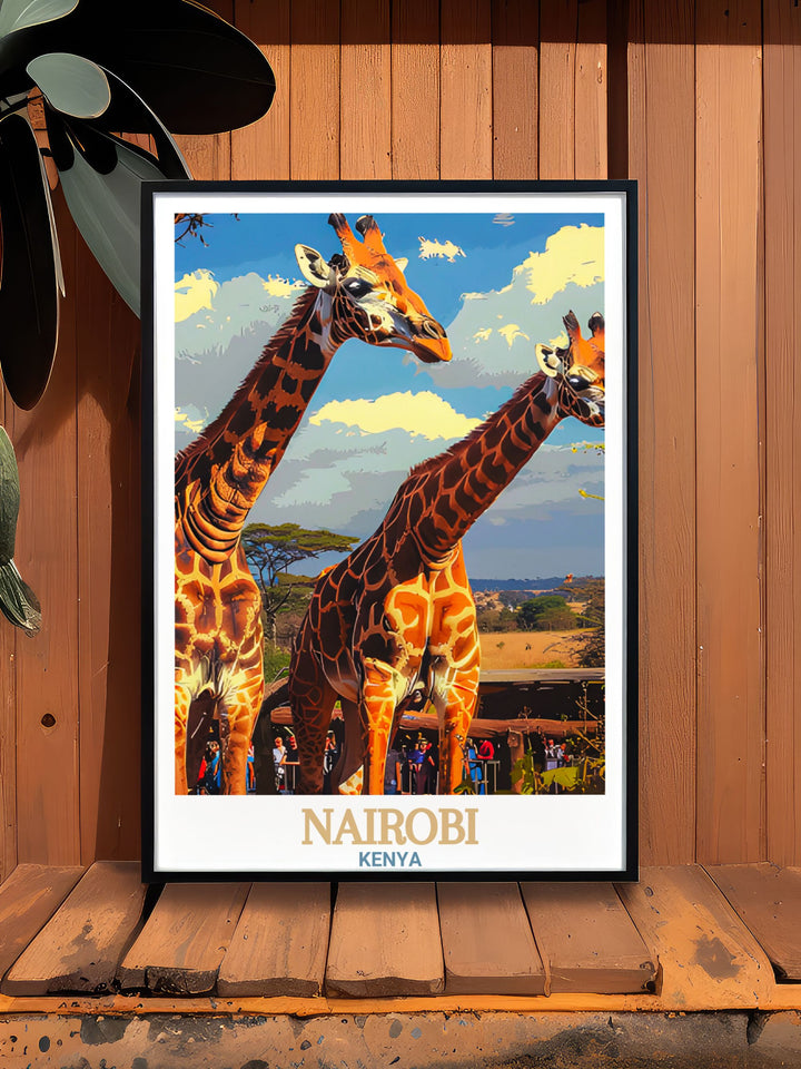 Kenya travel poster highlighting the breathtaking landscapes and rich cultural heritage of the country perfect for any living space including stunning prints from the Giraffe Centre