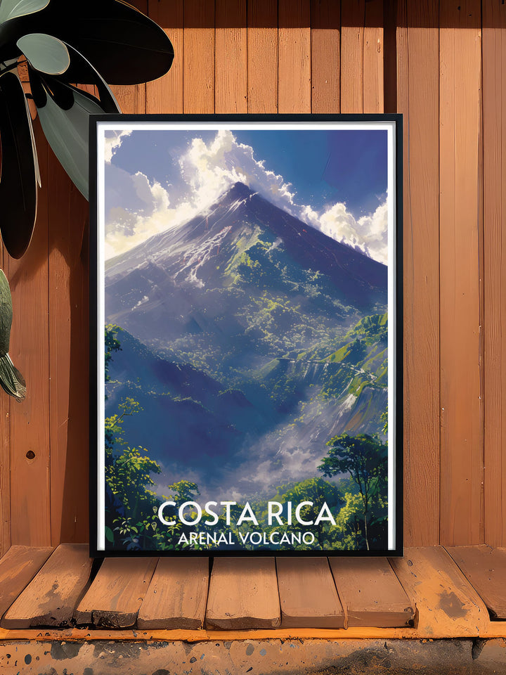 Panoramic view of Arenal Volcano surrounded by lush Costa Rican rainforest, depicted in a beautifully detailed poster.