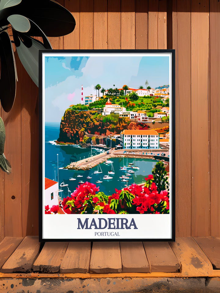 This Madeira poster print highlights the beauty of Madeira Island and the stunning Funchal Marina. The vibrant colors and detailed depiction of both landmarks make this artwork a must have for anyone who loves Portugals rich culture and scenic landscapes.