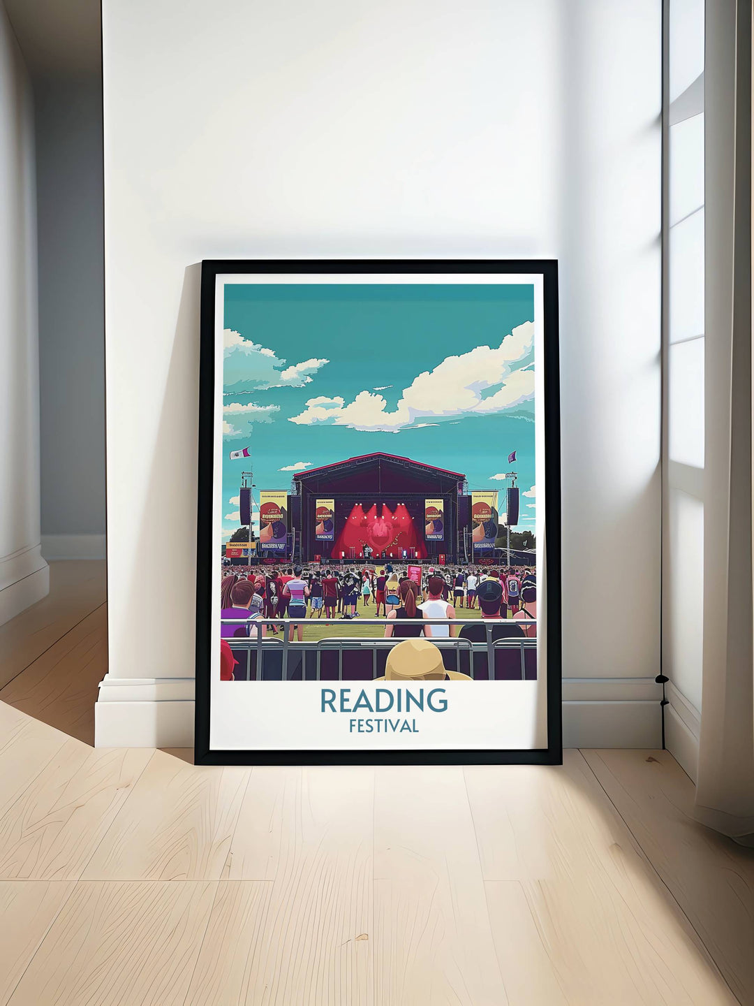 Main Stage print featuring an exciting scene from the Reading Festival with vibrant crowd and stage details in a striking Art Deco style perfect for music lovers