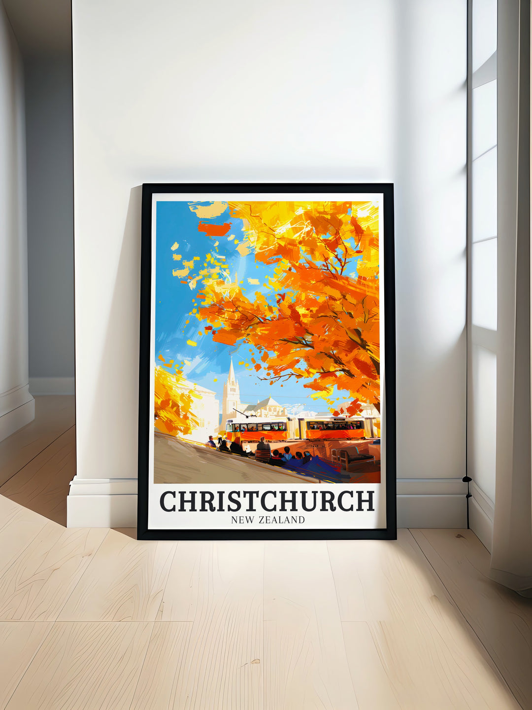 ChristChurch Cathedral and Christchurch Heritage Trams art print captures the beauty of New Zealand making it perfect for enhancing your home decor or as a unique travel gift showcasing the historic cathedral and charming trams in vibrant detail for any living space.