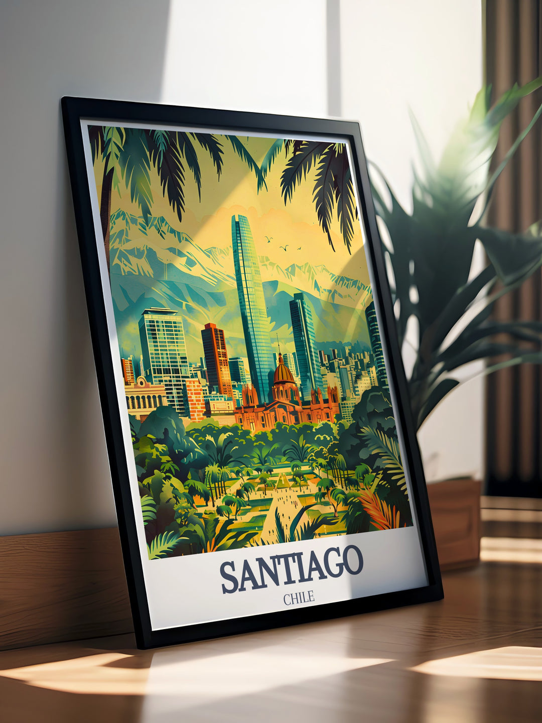 Santiago print featuring the iconic landmarks of Cerro San Cristobal and Plaza de Armas Ideal for Spain decor this beautiful poster captures the architectural charm and scenic views that make these sites famous adding flair to your living space