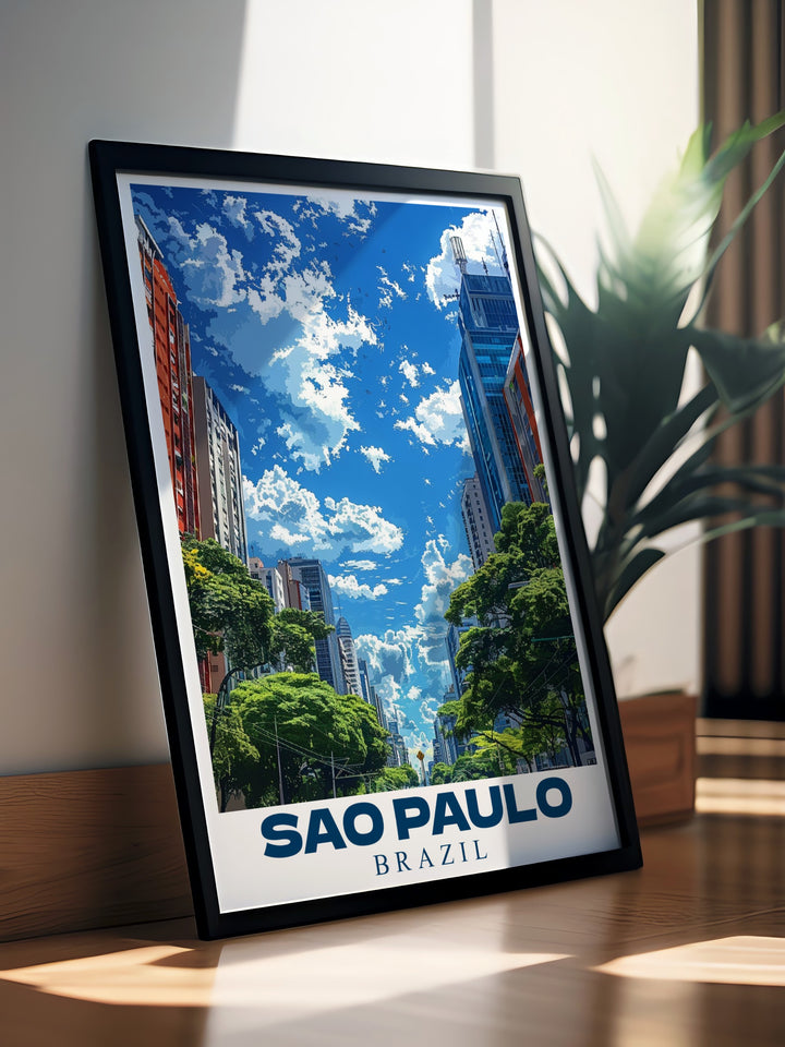 Paulista Avenue poster print highlighting Sao Paulo's iconic urban landscape. Perfect for cityscape modern decor this Brazil art gift offers a vibrant addition to any living room or office with its bold and striking design.