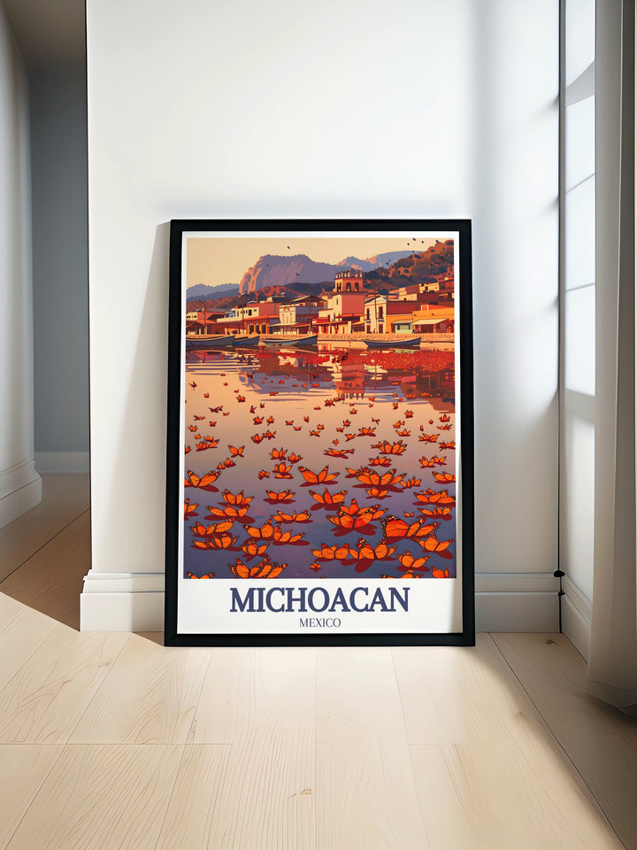 Featuring the Monarch Butterfly Reserve and Patzcuaro Lake, this Michoacán wall art offers a vibrant and colorful representation of Mexicos natural wonders. The vintage poster style makes it a standout piece for home décor, offering both beauty and cultural significance to any room.