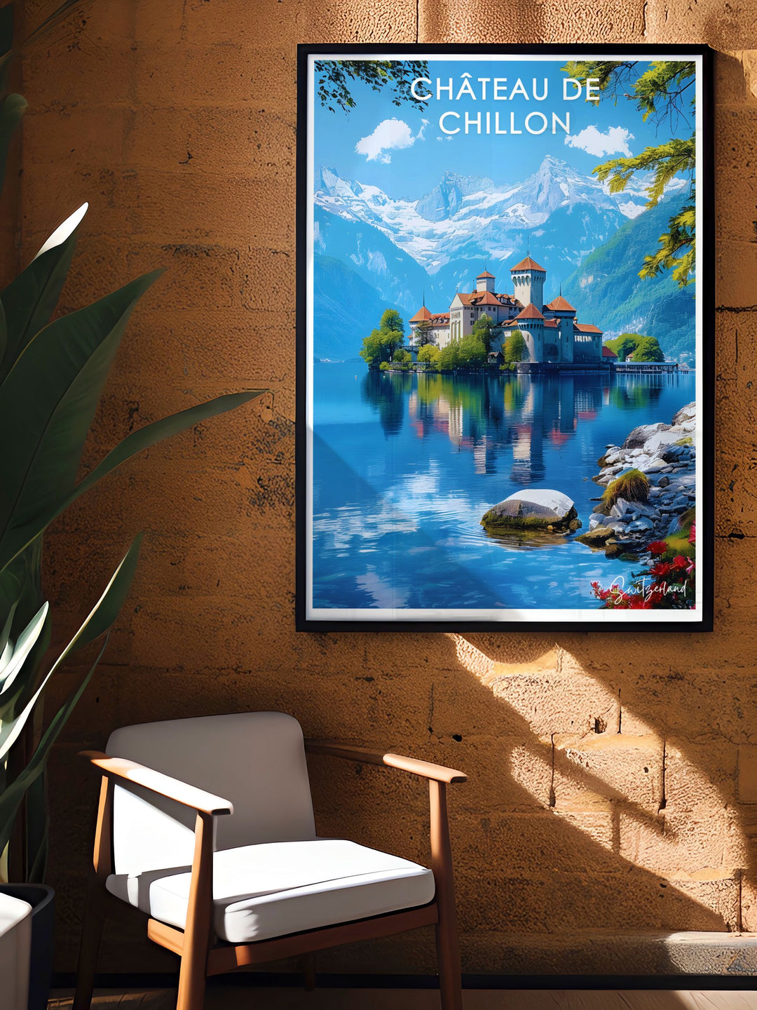 Grindelwald Eiger poster offering a glimpse into the serene Swiss landscape alongside Chateau de Chillon perfect wall decor ideal for creating a sophisticated and inviting atmosphere