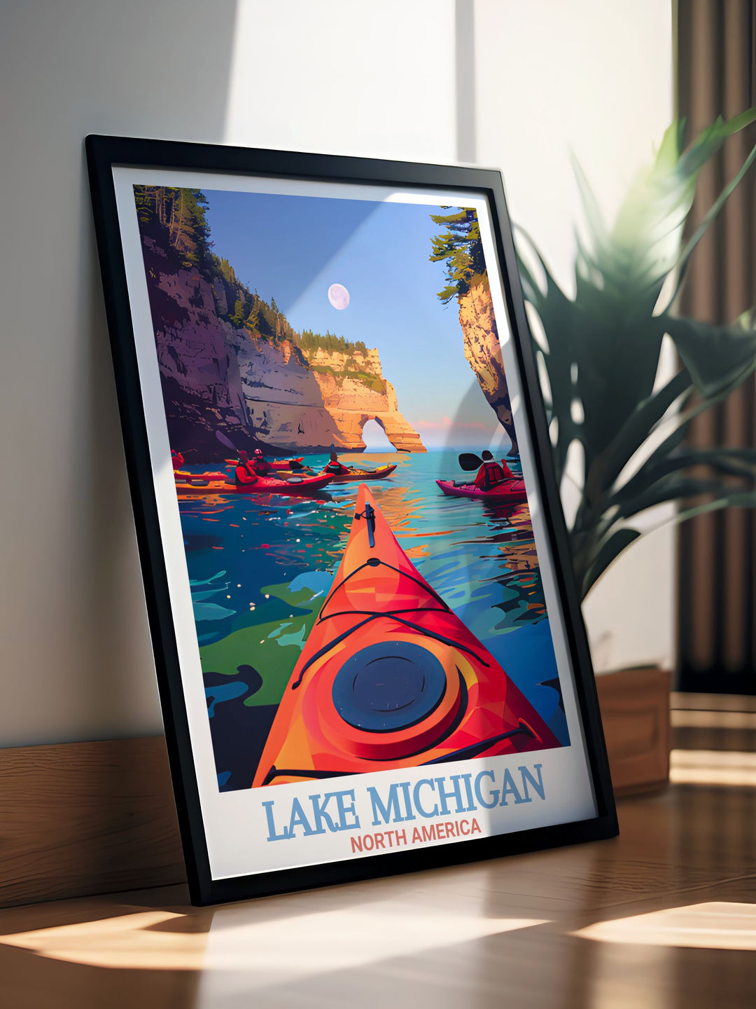 Pictured Rocks National Lakeshore Modern Prints and Lake Michigan Art offer a stunning combination of vintage and contemporary style. This Great Lakes Poster is ideal for anyone who loves travel art and minimalist home decor.