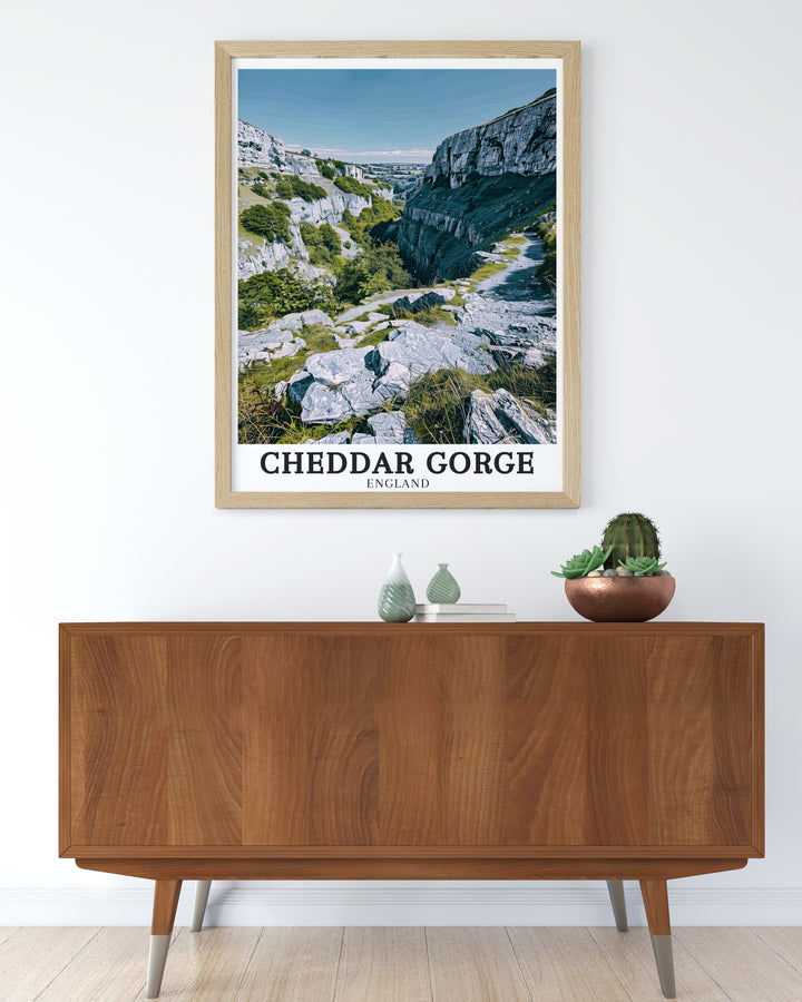 A framed art print of Cheddar Gorge with Cheddar Yeo winding through the Mendip Hills, ideal for nature lovers looking to bring a piece of Britains natural beauty into their homes.