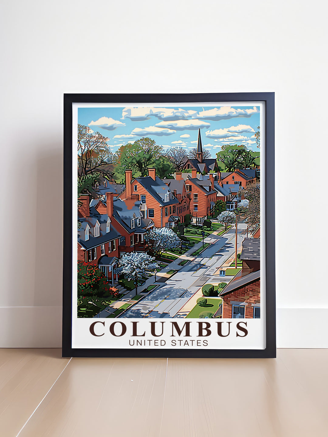 German Village modern art print capturing the beauty of Columbus Ohio. This stylish Columbus skyline poster adds elegance to any room whether in the living room or office and makes a perfect personalized gift for friends and family.