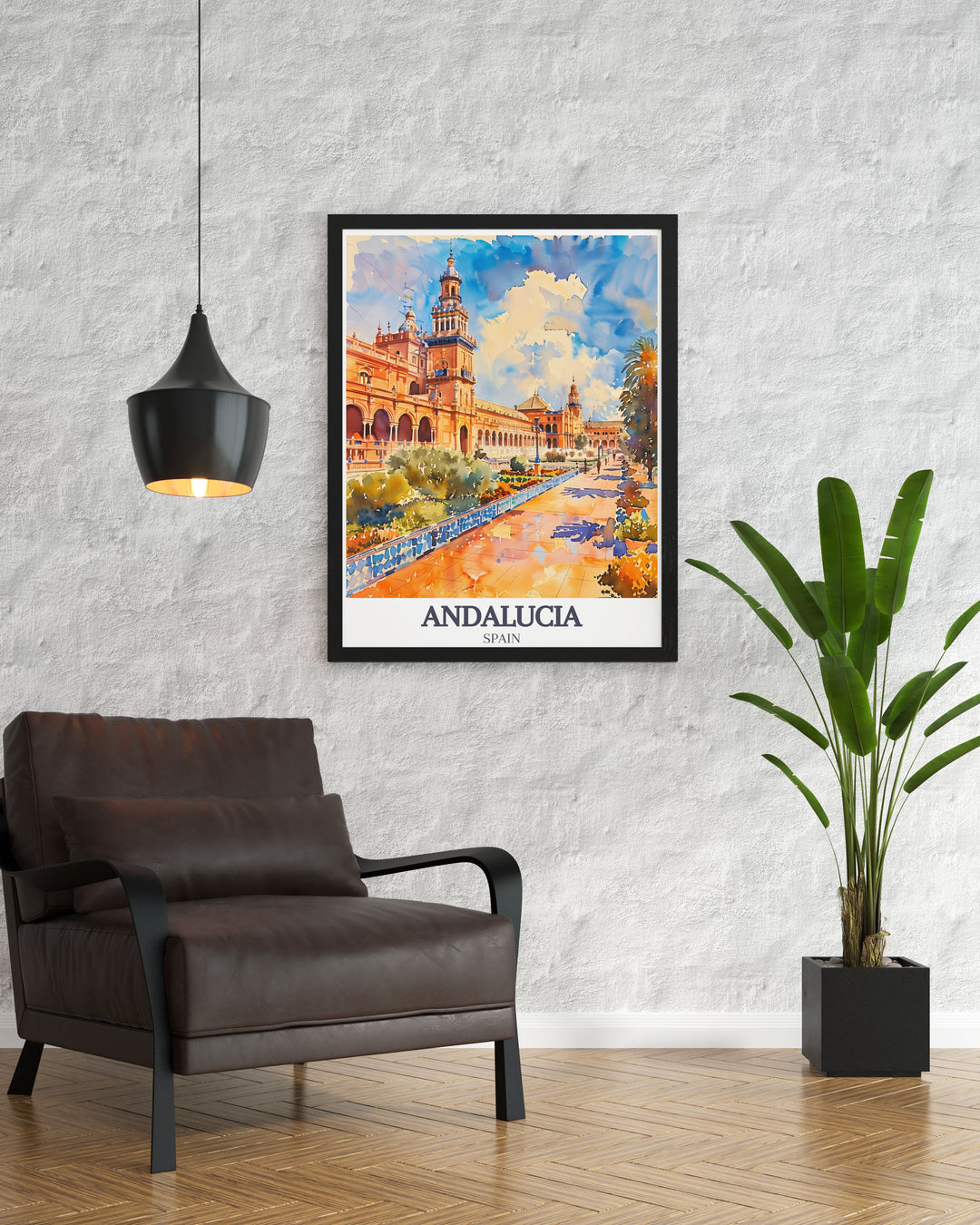 The iconic Alcazar of Seville and its historic Ambassadors Hall are brought to life in this detailed travel poster, showcasing the halls vibrant colors and intricate designs, perfect for any room in need of historical charm.