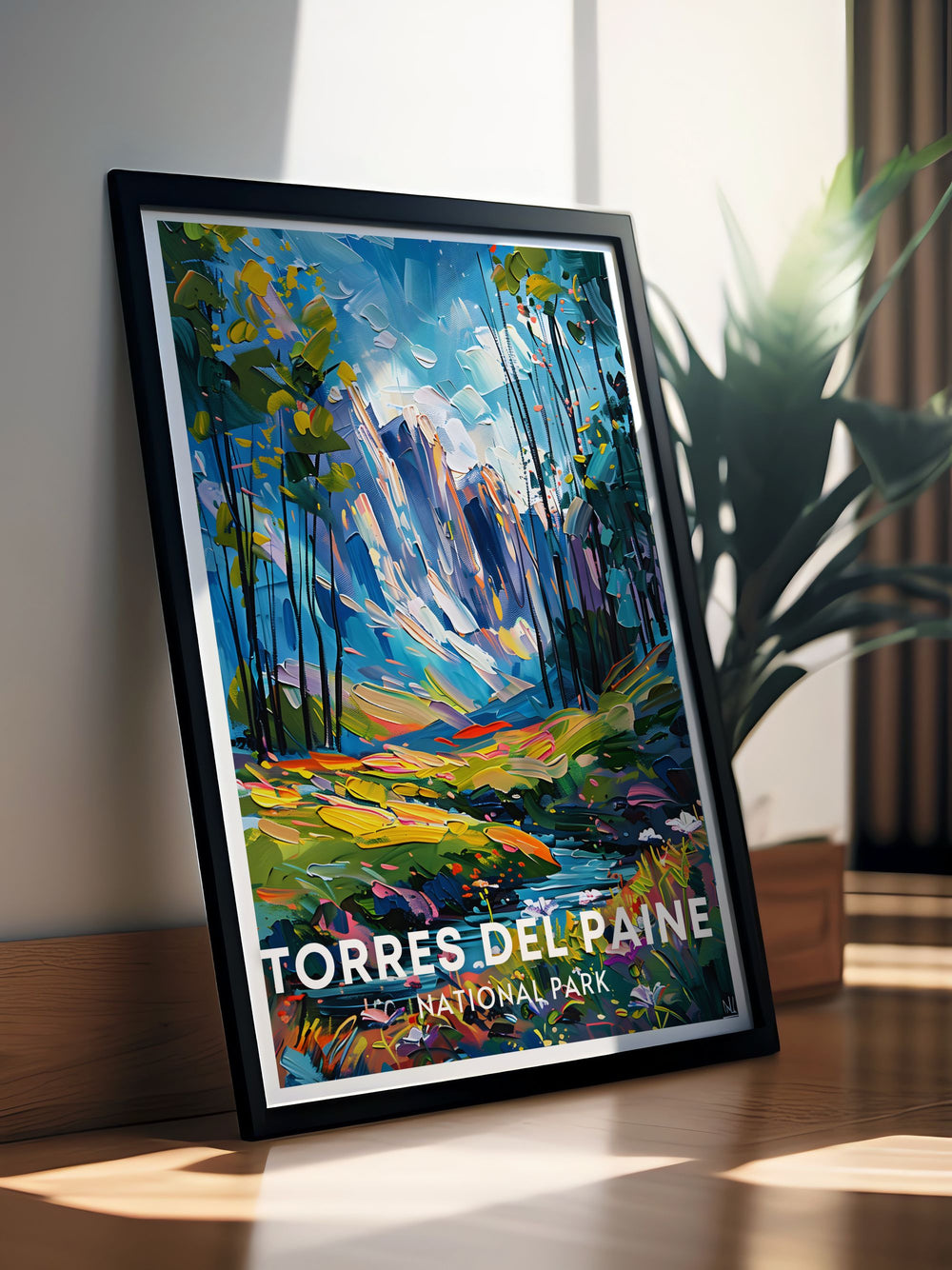 Retro travel poster featuring Glaciar Gray in Torres Del Paine National Park Patagonia Chile. This South America poster adds a touch of adventure and natural beauty to your home decor with its vibrant colors and intricate details.