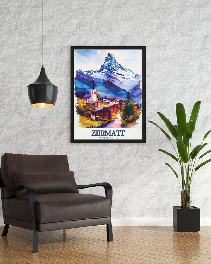 Elegant Zermatt Village St. Mauritius Church Matterhorn Wall Art adding alpine charm to your living space with sophisticated decor