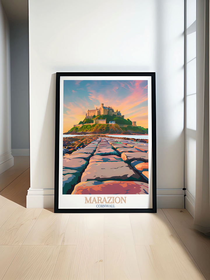 Experience the beauty of Marazion Cornwall with our stunning Cornwall wall art featuring the iconic St. Michaels Mount perfect for adding a touch of coastal charm to your home decor with vibrant and detailed prints